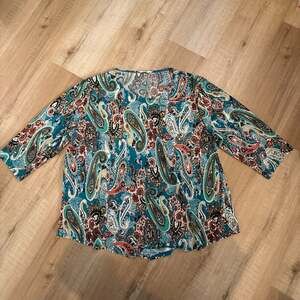 Exclusive One Plus Size 2X Blue Paisley Print Embellished 3/4 Sleeve Blouse